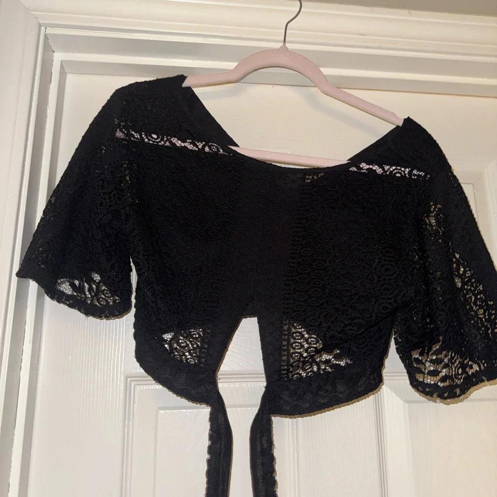 Express Black Lace Crop Top with Tie-Back